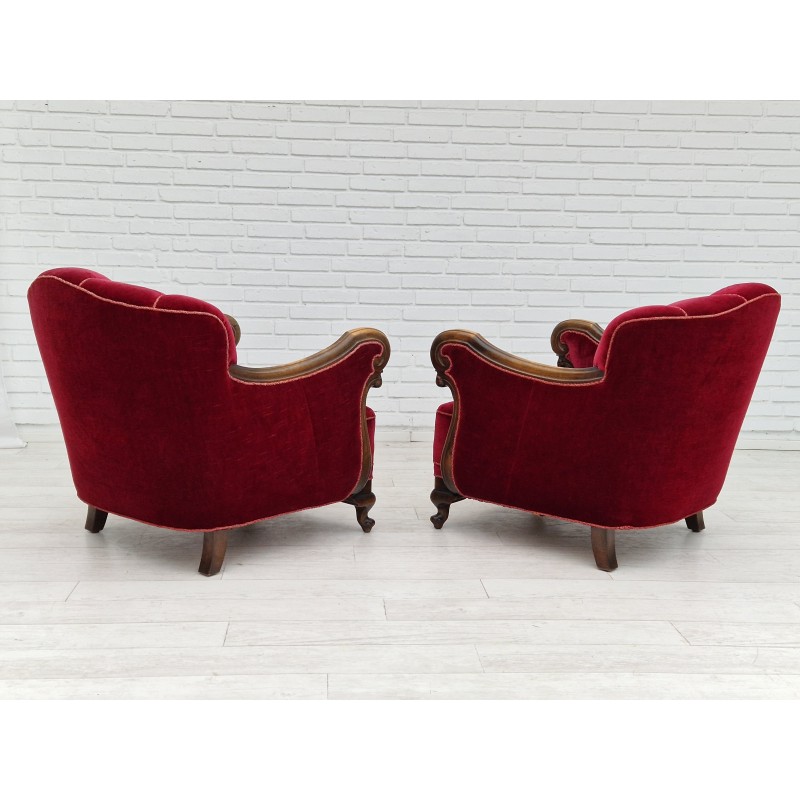 Pair of vintage Danish armchairs in red-cherry velour, 1930s