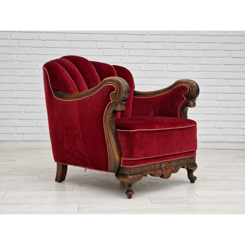 Paire de fauteuils danois vintage en velours rouge-cerise, 1930