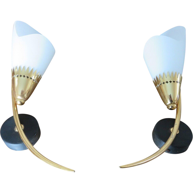Pair of vintage opaline and gilded brass wall lamps, Italy 1960s