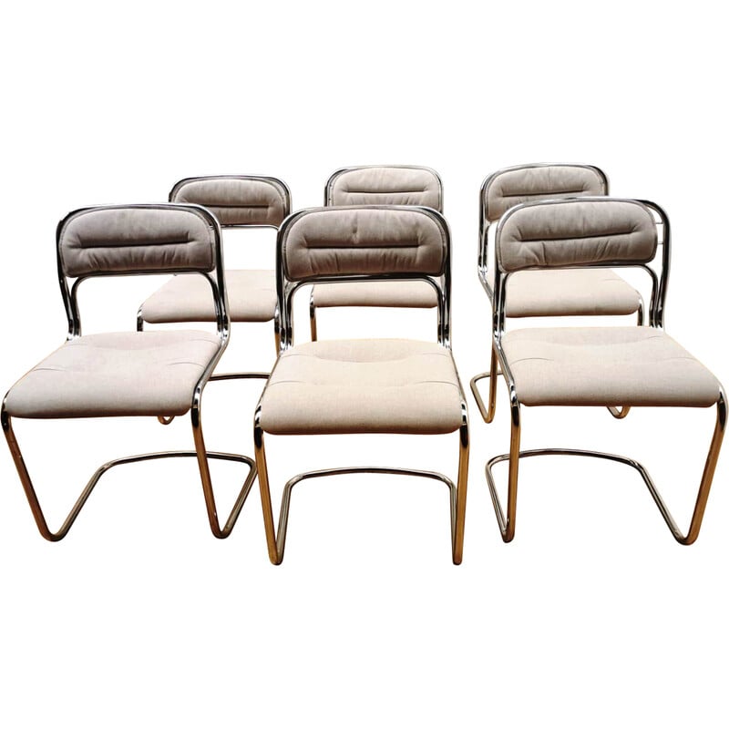 Set of 6 vintage chrome aluminum and fabric chairs, 1970