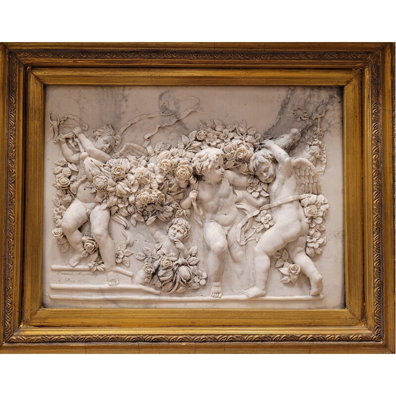 Rilievo d'epoca in marmo "Putti, ghirlande e fiori" di François Duquesnoy, Francia 1892