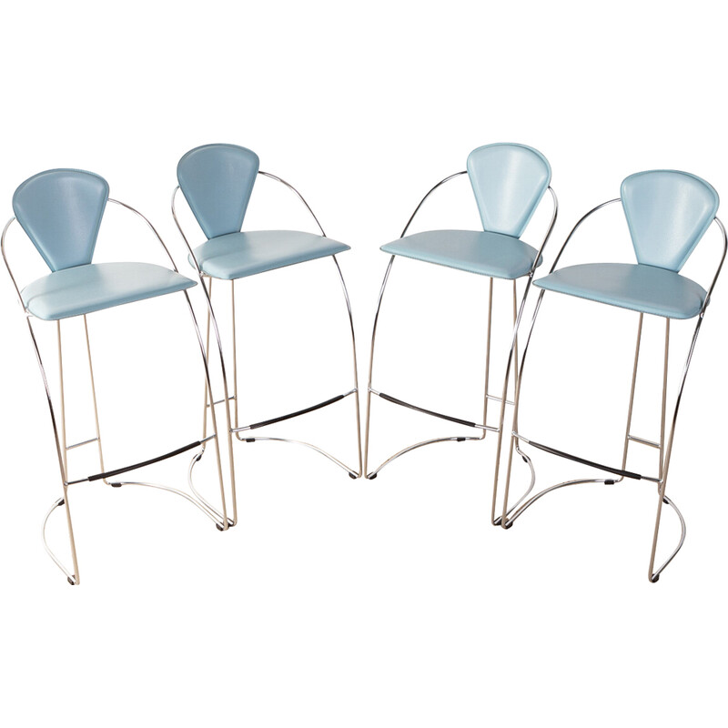 Set of 4 vintage steel and leather bar stools for Arrben, Italy 1980s