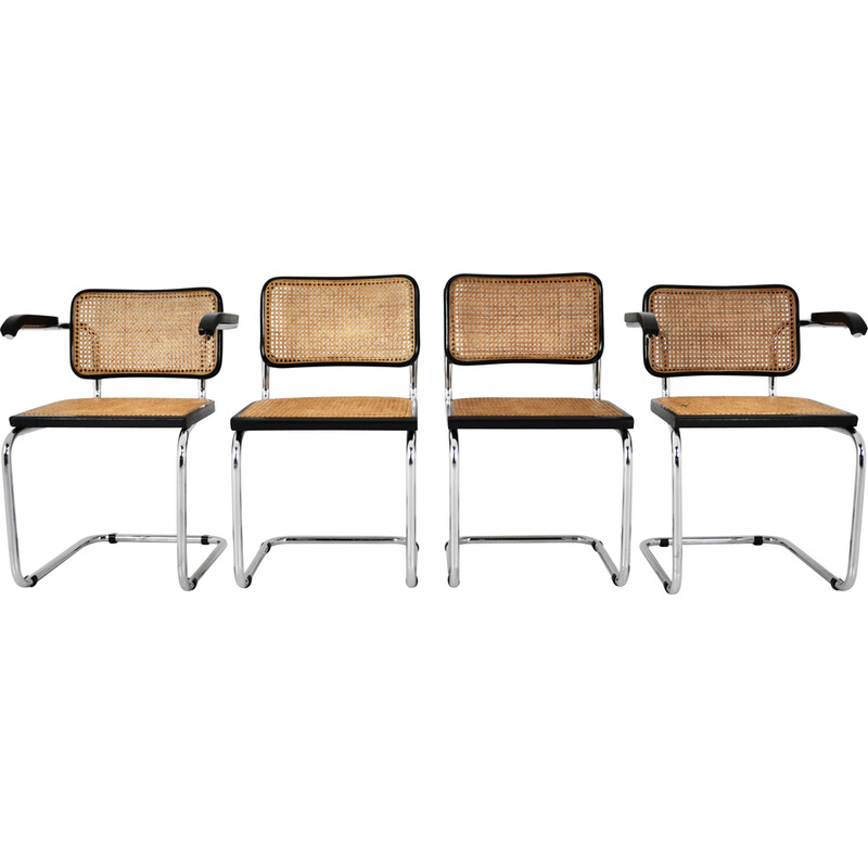 Conjunto de cadeiras vintage em metal, madeira e rotim de Marcel Breuer