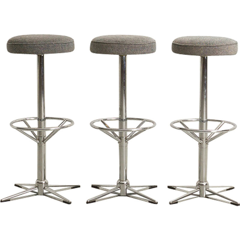 Set di 3 sgabelli da bar vintage in acciaio cromato e tessuto grigio blu