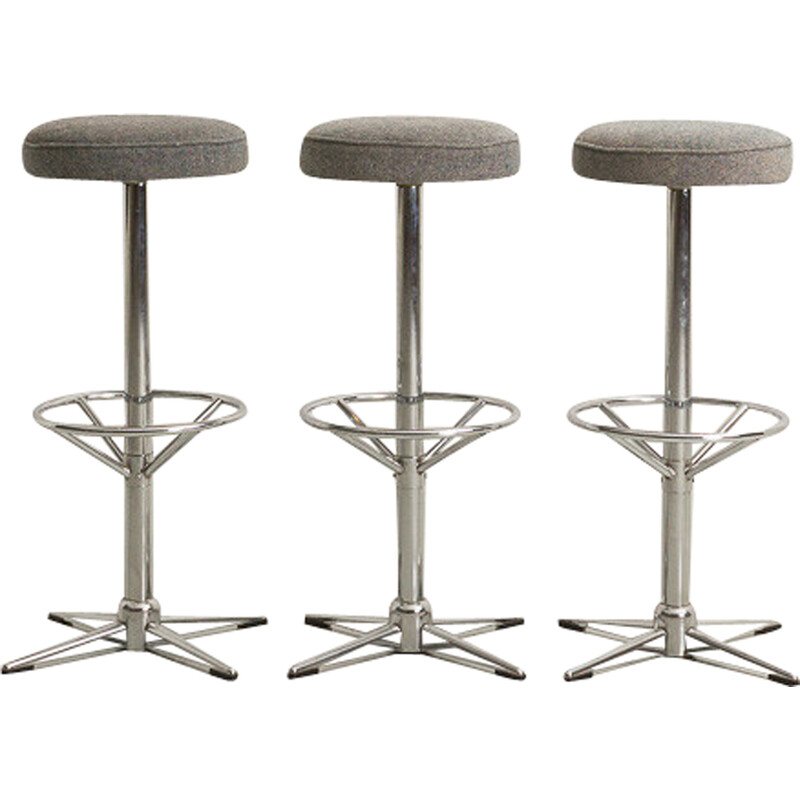 Set of 3 vintage bar stools in chrome steel and blue-gray fabric