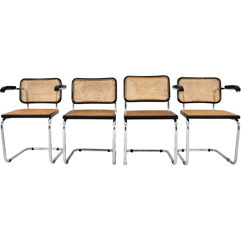 Set of 4 vintage black chairs in metal, wood and rattan by Marcel Breuer