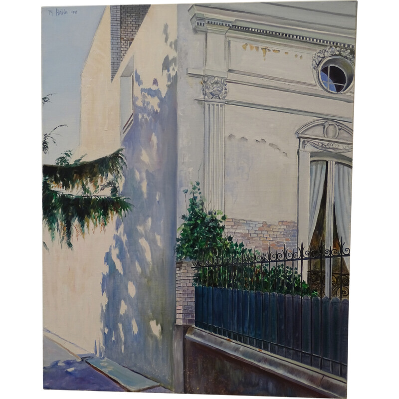 Paar alte Gemälde "Ansicht von Stadtwohnungen" von Jean Yves Herbin, Frankreich