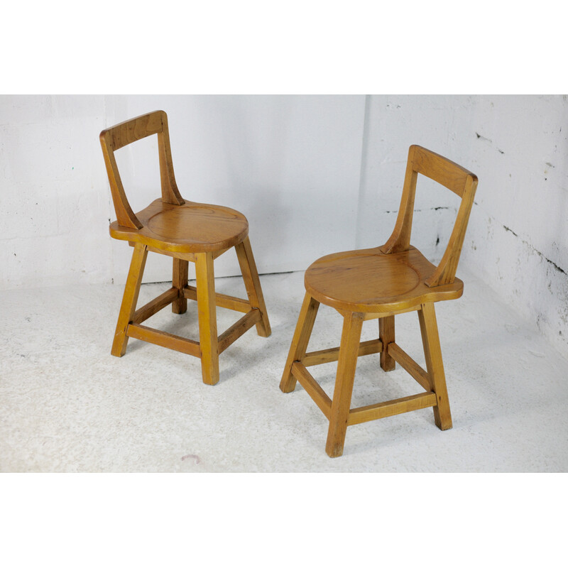 Sillas Brutalistas Vintage con respaldo de madera, Francia 1960