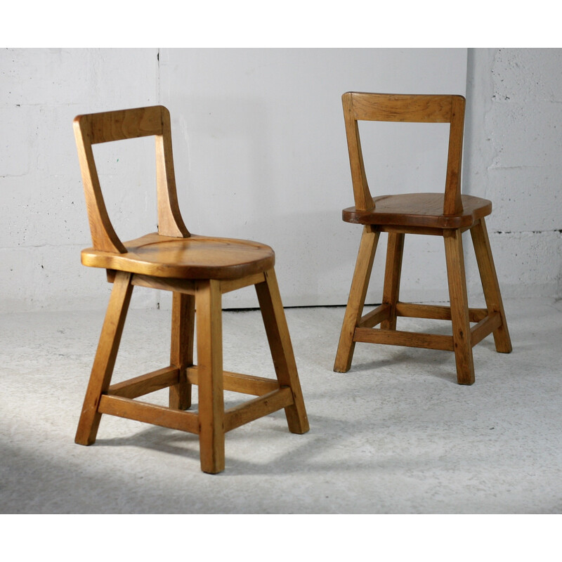 Cadeiras Vintage Brutalist com costas de madeira, França 1960