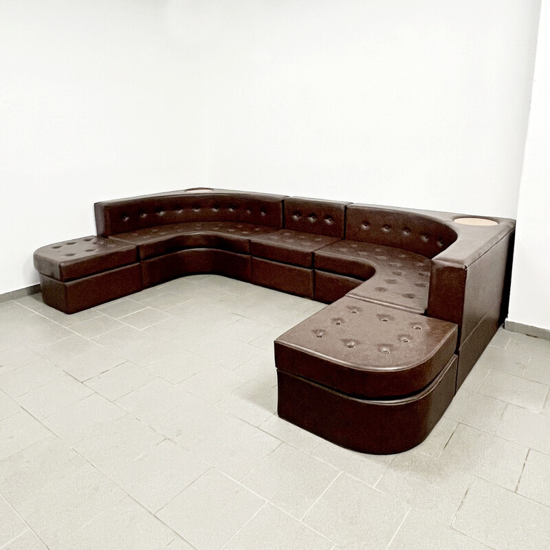 Vintage leatherette and wooden modular sofa