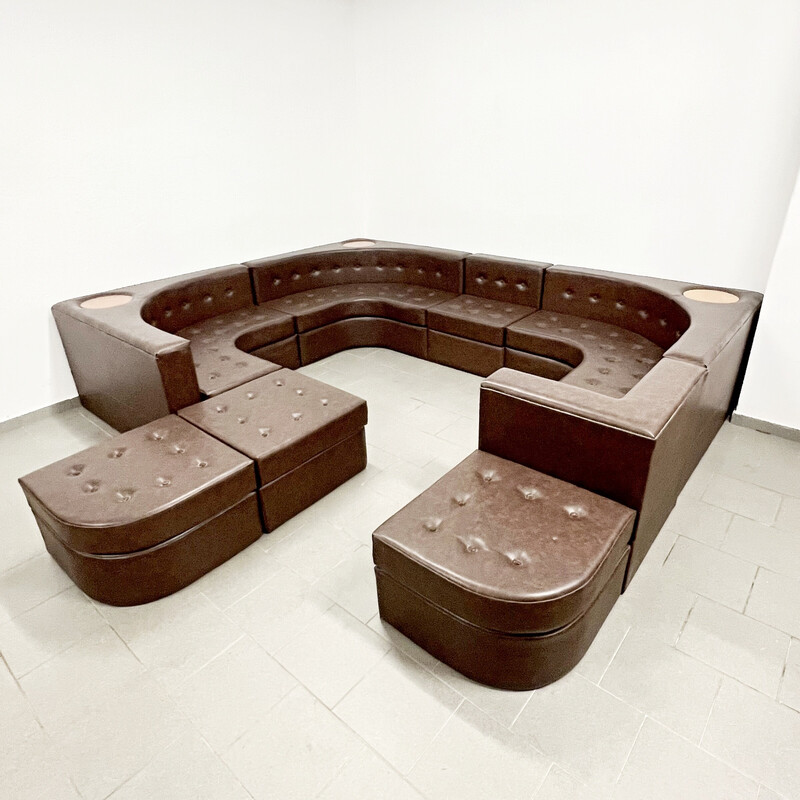 Vintage leatherette and wooden modular sofa