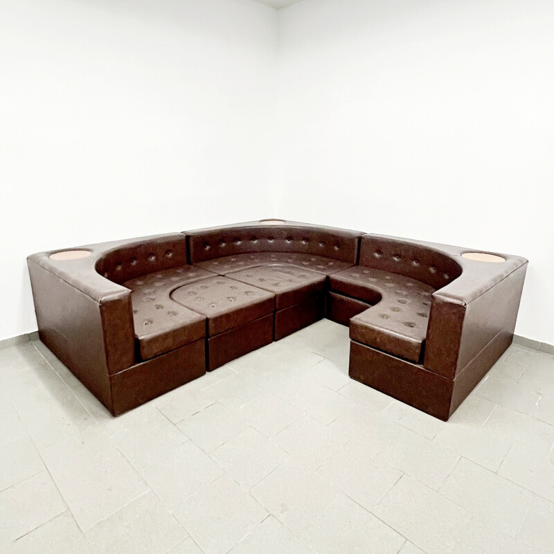 Canapé modulaire vintage en cuir et bois
