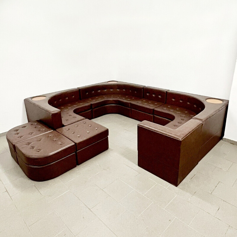 Sofá modular em couro Vintage e madeira