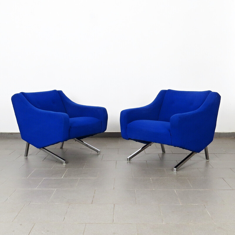Pair of vintage blue fabric armchairs