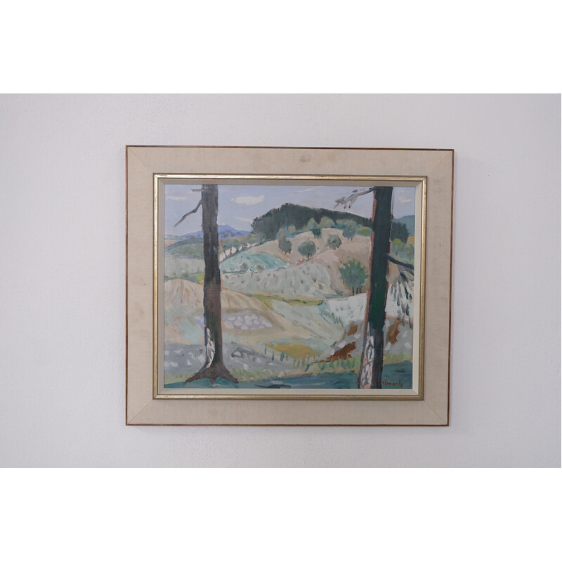 Vintage oil on panel "Modernist Landscape" by Gerhard Karlmark, 1960s