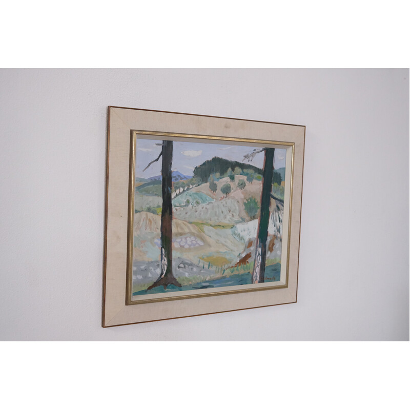 Vintage oil on panel "Modernist Landscape" by Gerhard Karlmark, 1960s