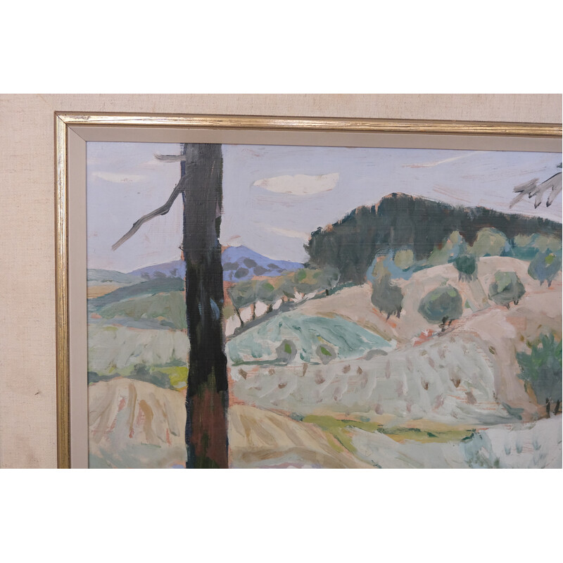 Huile sur panneau vintage "Paysage moderniste" par Gerhard Karlmark, 1960