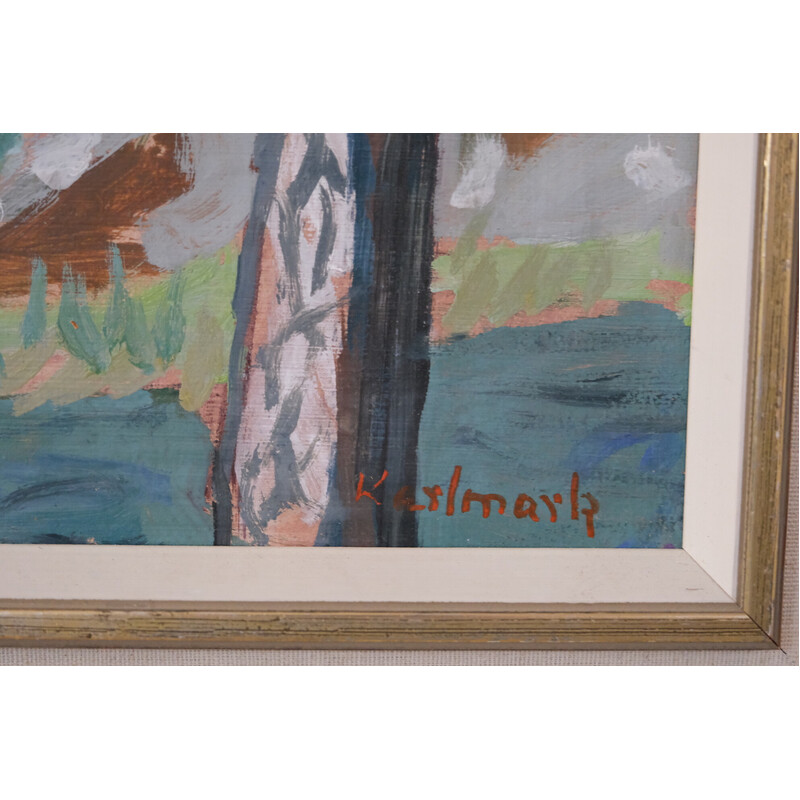 Vintage oil on panel "Modernist Landscape" by Gerhard Karlmark, 1960s