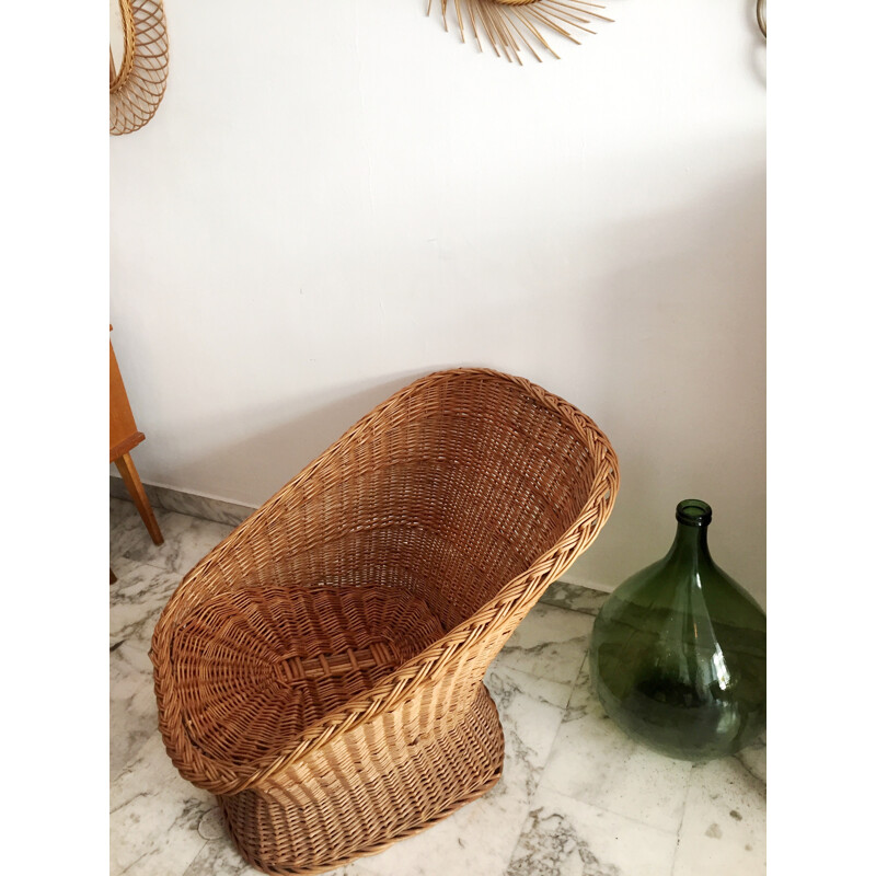 Rattan wicker armchair with its mustard cushion - 1970s