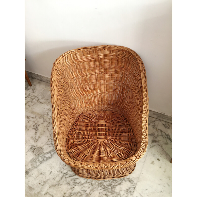 Rattan wicker armchair with its mustard cushion - 1970s