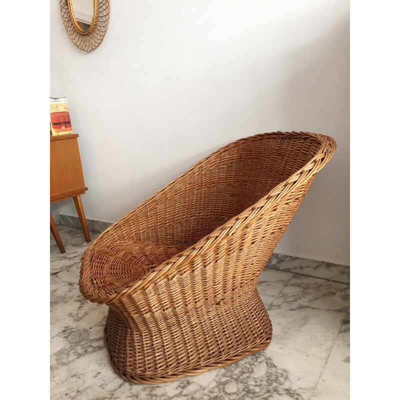 Rattan wicker armchair with its mustard cushion - 1970s