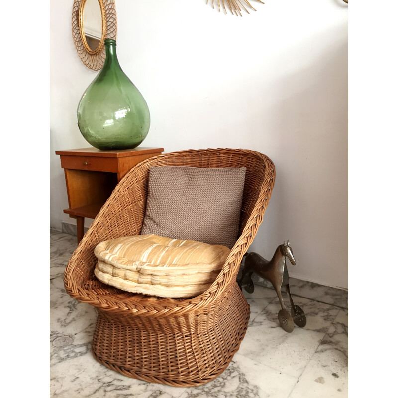 Rattan wicker armchair with its mustard cushion - 1970s