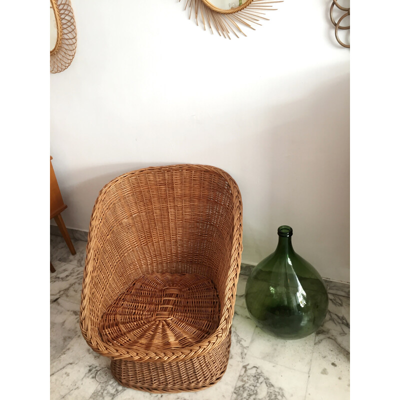 Rattan wicker armchair with its mustard cushion - 1970s