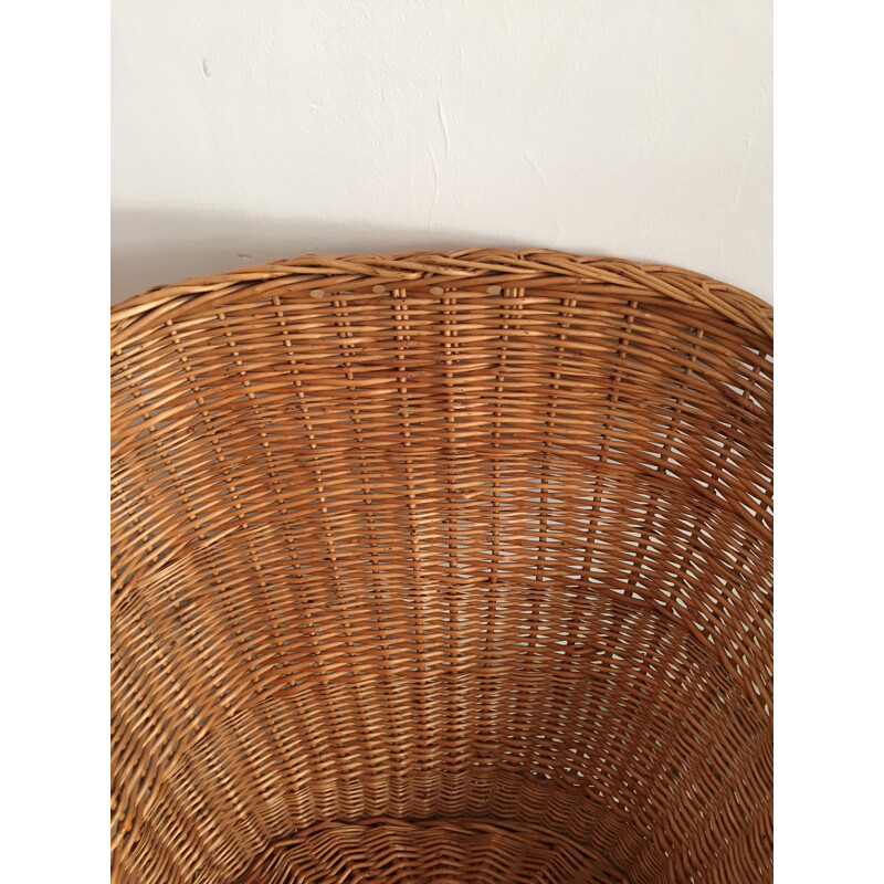 Rattan wicker armchair with its mustard cushion - 1970s