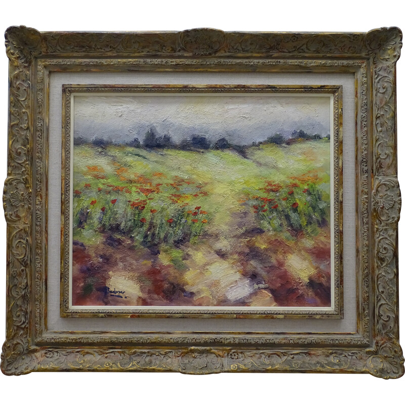 Vintage-Gemälde "Landschaft mit Mohnblumen".