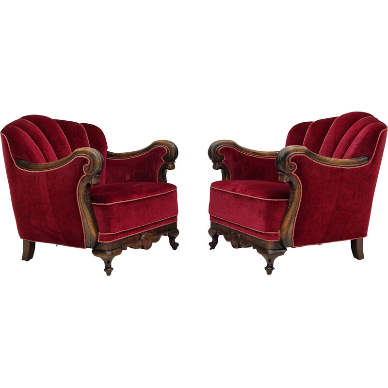 Pair of vintage Danish armchairs in red-cherry velour, 1930s