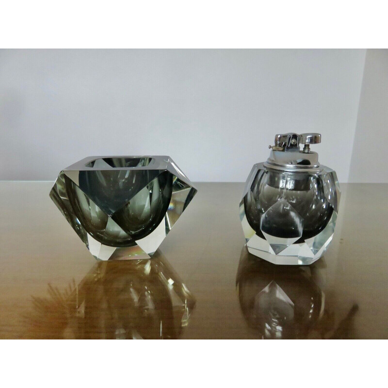 Vintage Murano glass ashtray and lighter by Flavio Poli for Seguso, Italy 1960