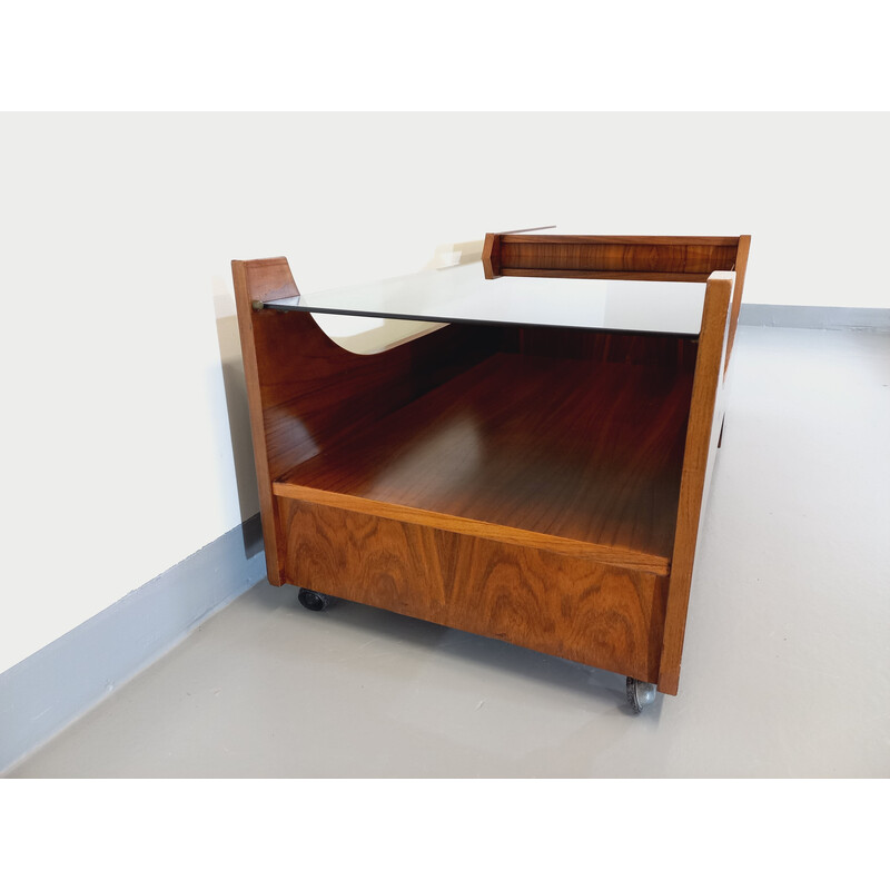 Vintage coffee table on casters in rosewood and smoked glass, 1960