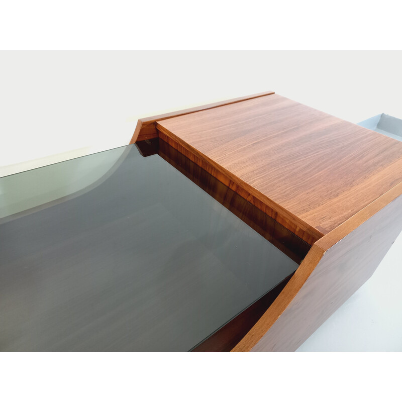 Vintage coffee table on casters in rosewood and smoked glass, 1960