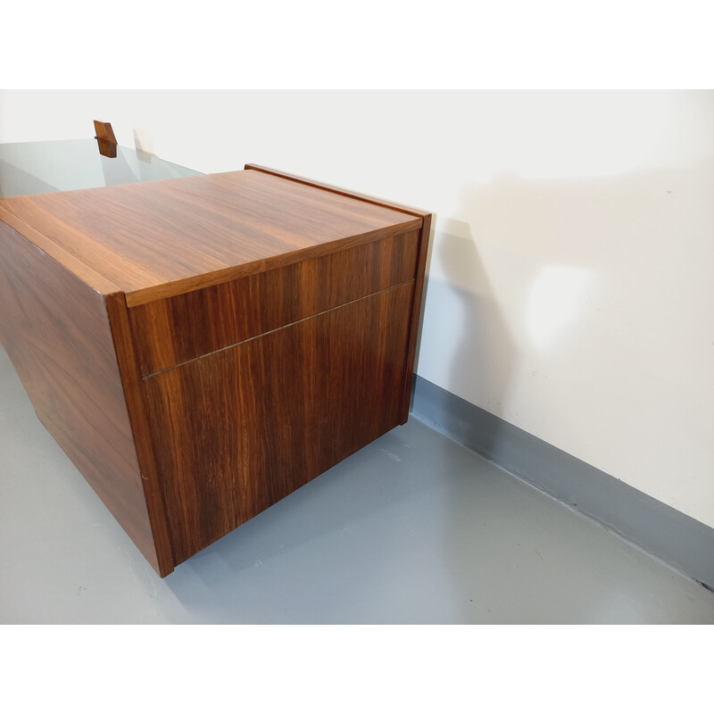 Vintage coffee table on casters in rosewood and smoked glass, 1960