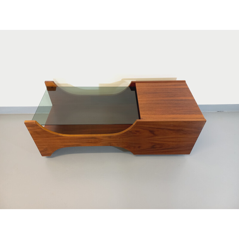 Vintage coffee table on casters in rosewood and smoked glass, 1960