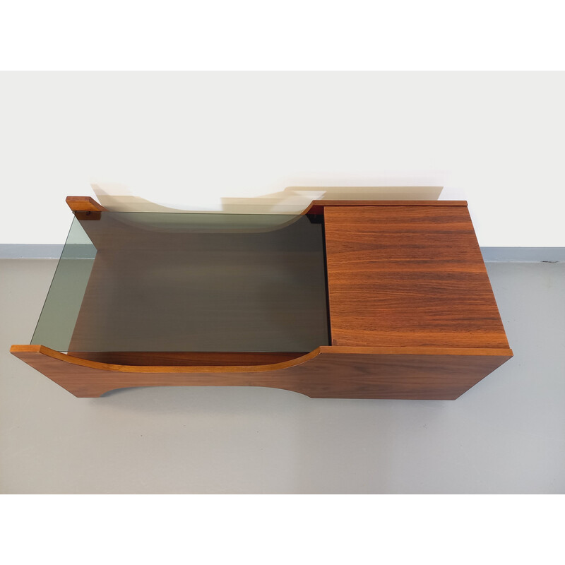 Vintage coffee table on casters in rosewood and smoked glass, 1960