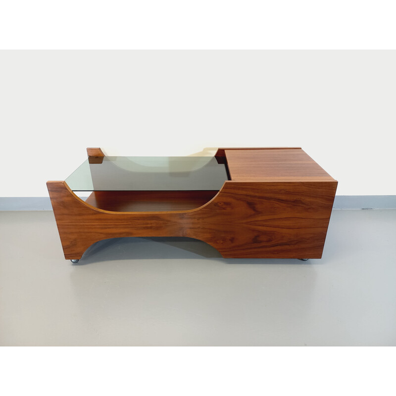 Vintage coffee table on casters in rosewood and smoked glass, 1960