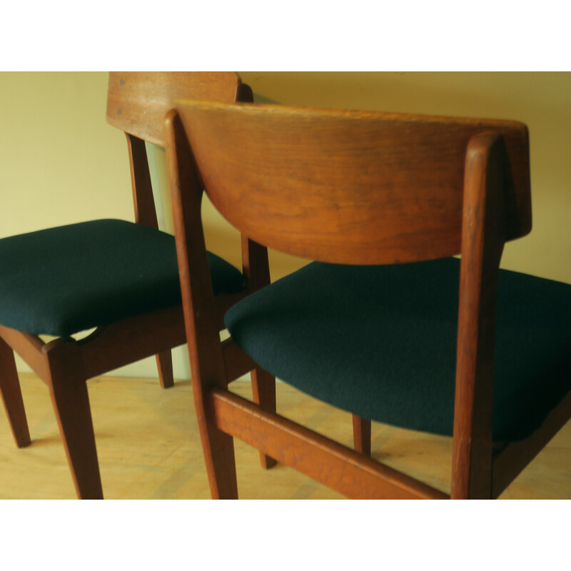 Pareja de sillas de comedor danesas de vinatge en teca y tela azul petróleo-verde, años 60