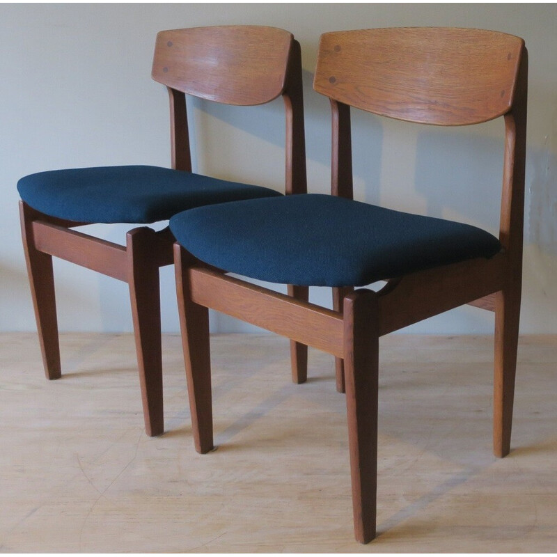 Pair of Danish vinatge dining chairs in teak and petrol blue-green fabric, 1960s