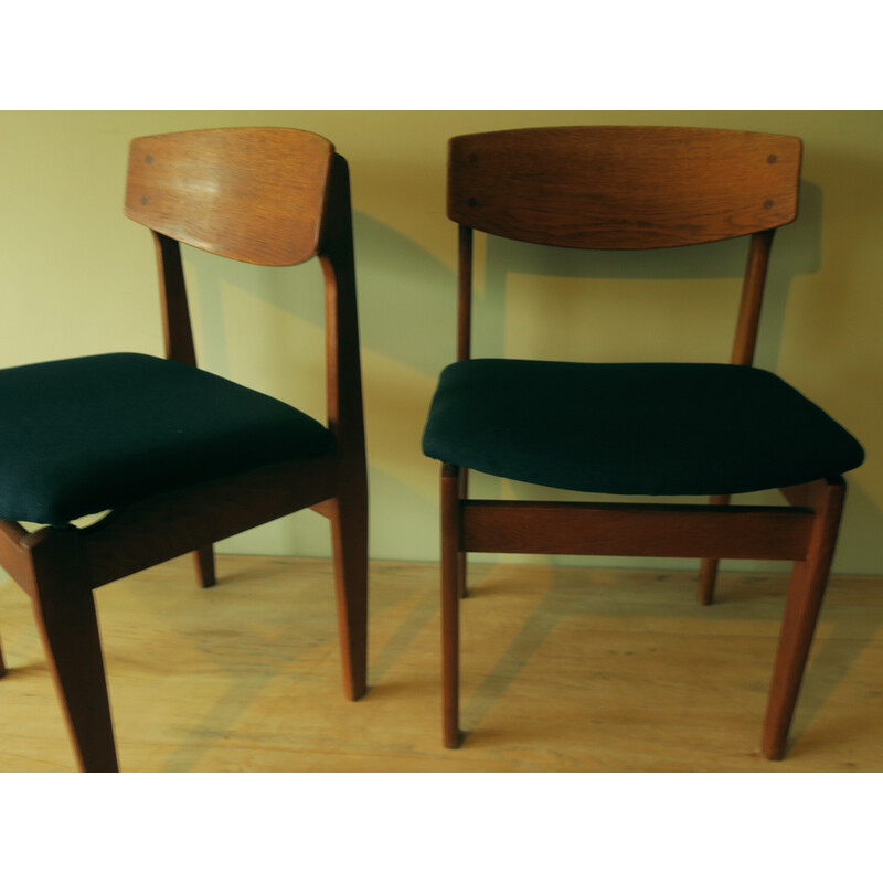 Pair of Danish vinatge dining chairs in teak and petrol blue-green fabric, 1960s