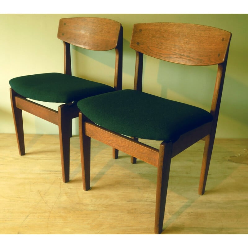 Pareja de sillas de comedor danesas de vinatge en teca y tela azul petróleo-verde, años 60
