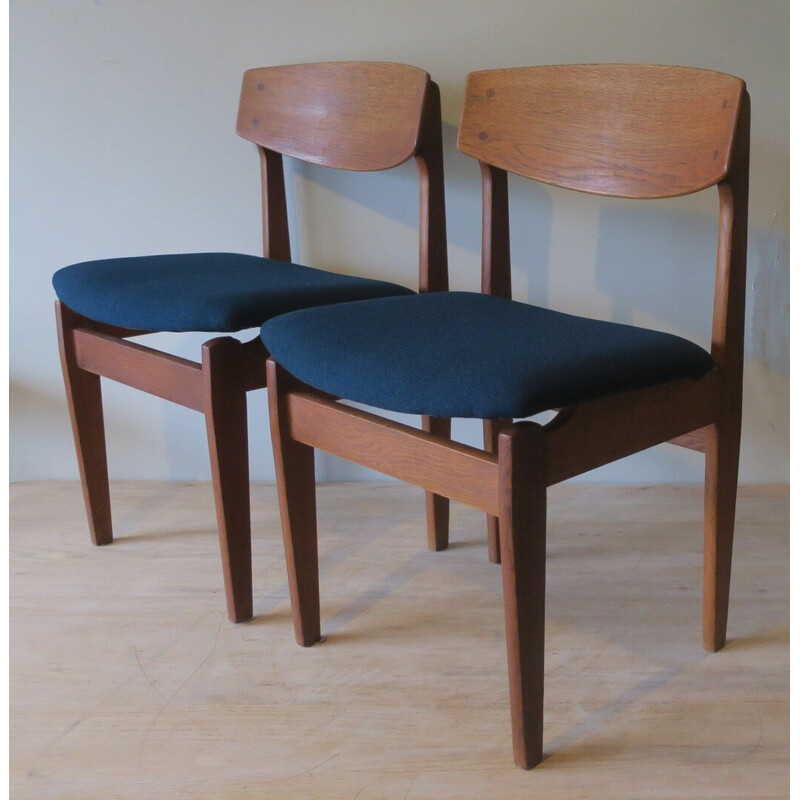 Pair of Danish vinatge dining chairs in teak and petrol blue-green fabric, 1960s