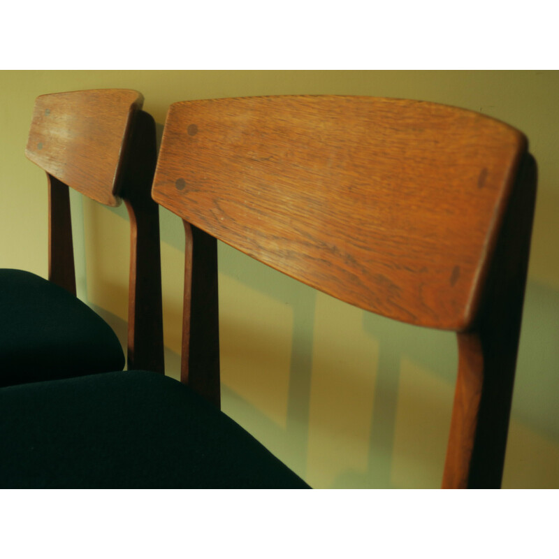 Coppia di sedie da pranzo danesi in vinatge, teak e tessuto blu-verde petrolio, anni '60