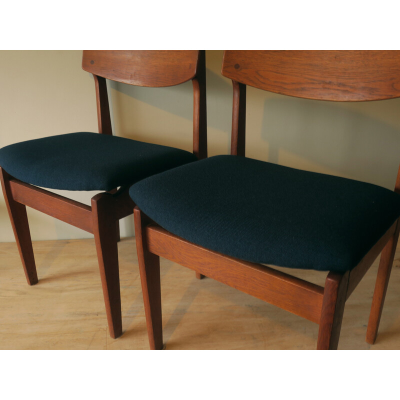 Pair of Danish vinatge dining chairs in teak and petrol blue-green fabric, 1960s