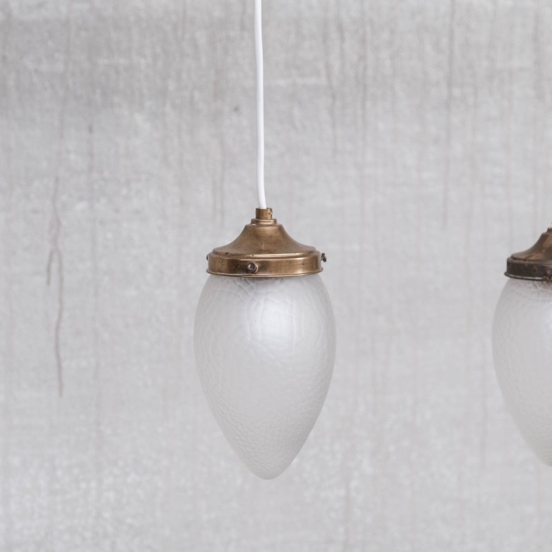 Pair of vintage glass and brass Swedish pendant lamps, 1930s