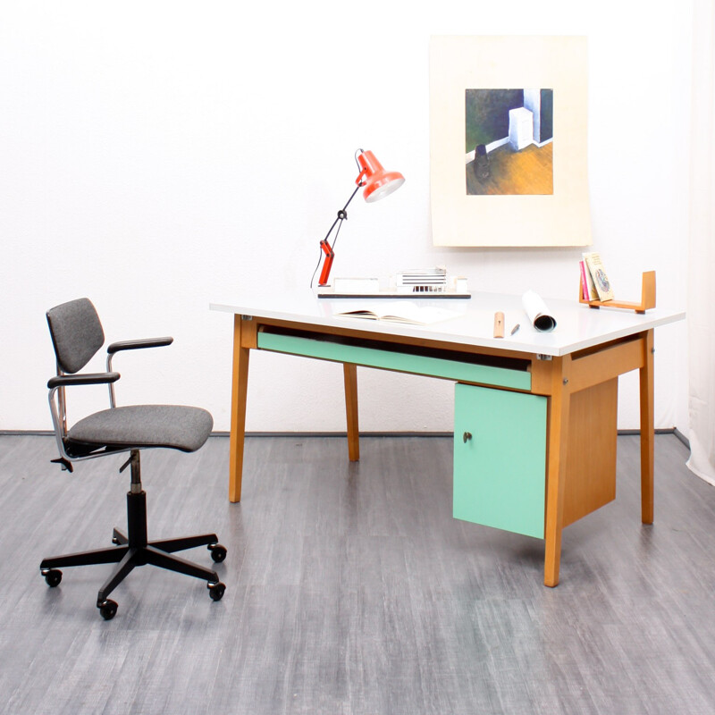 Large desk in solid beech wood with a green mint and grey coating - 1950s  