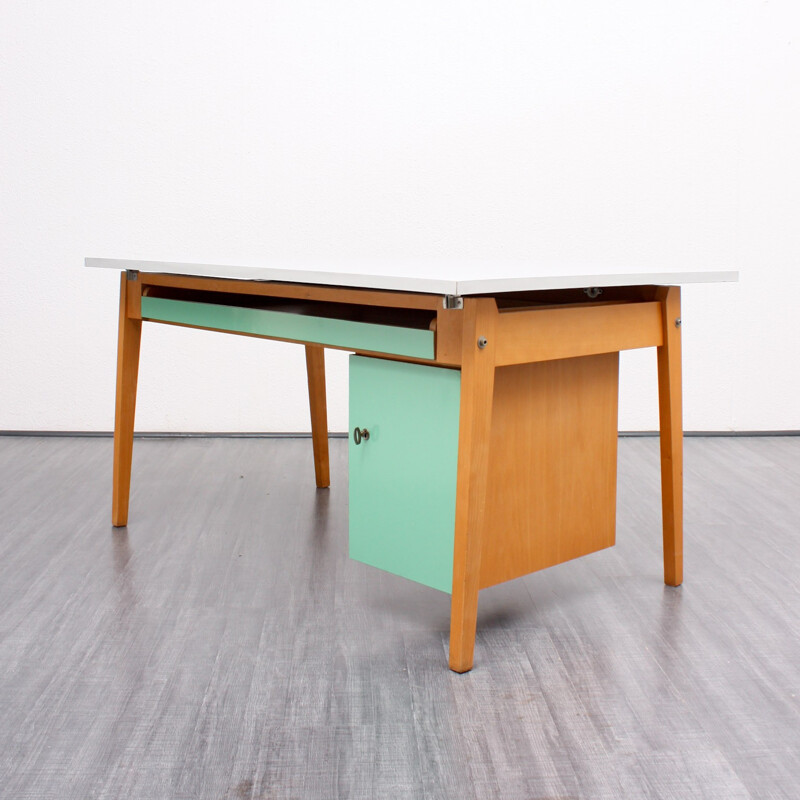 Large desk in solid beech wood with a green mint and grey coating - 1950s  