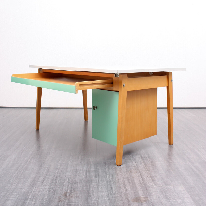 Large desk in solid beech wood with a green mint and grey coating - 1950s  