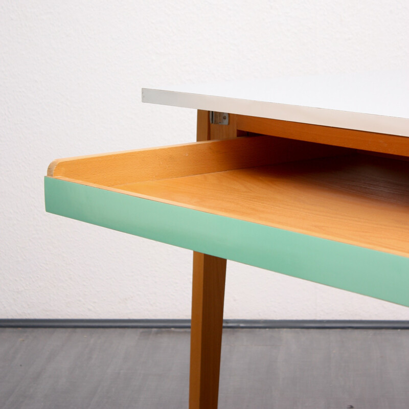 Large desk in solid beech wood with a green mint and grey coating - 1950s  