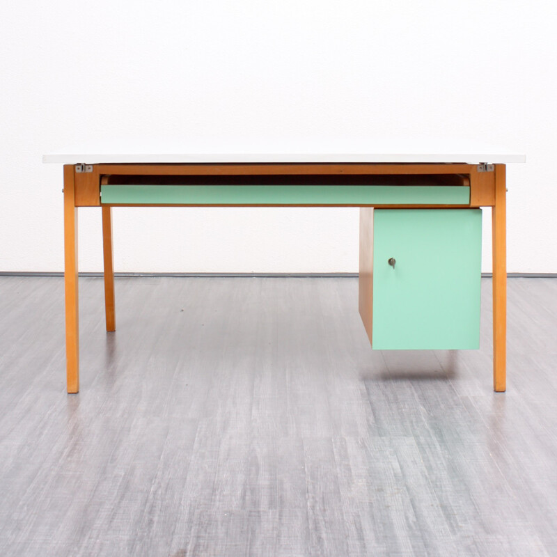 Large desk in solid beech wood with a green mint and grey coating - 1950s  